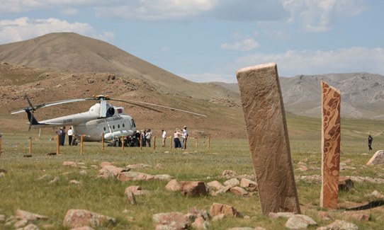 bronze age deer stone site, Uushigiin Uver, chartered Central Mongolia Airways helicopter.