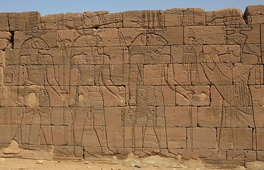 IMG_1548 - Amun, Horus and offering from Natakamani to Apedemak, Temple of Apedemak, Naqa - 540