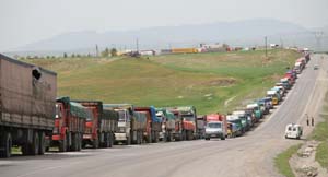 line of trucks at the border