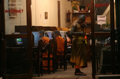 Monks in internet cafe